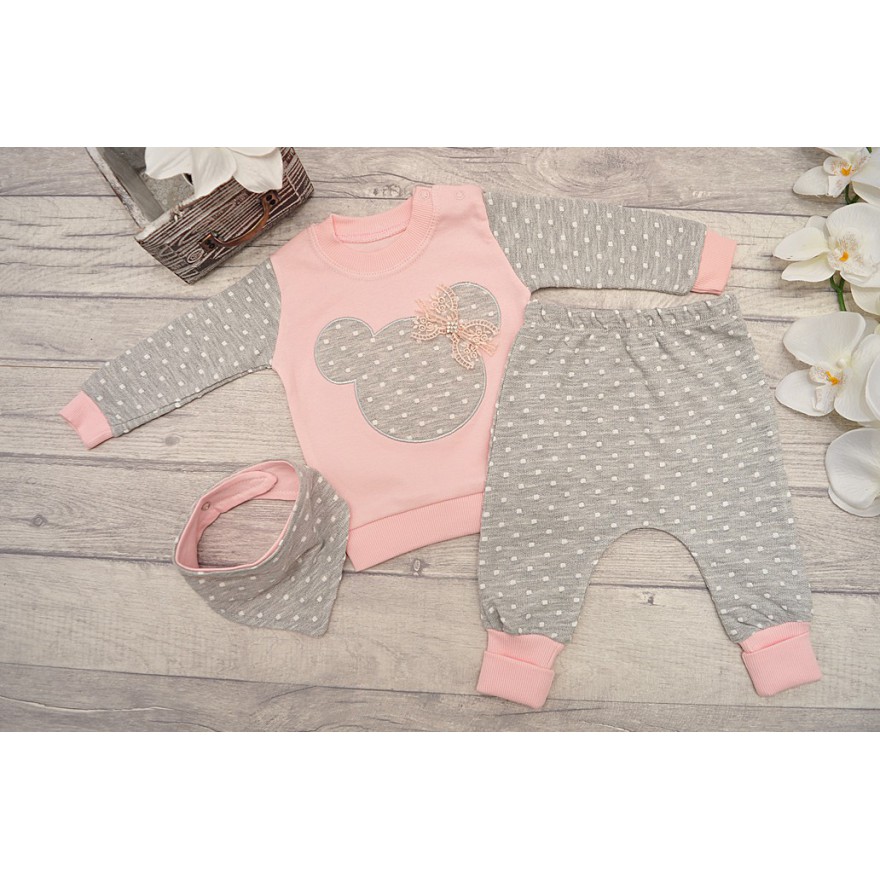 Różowo-szary DRES z myszką, bluza, spodnie, apaszka komplet 3cz.