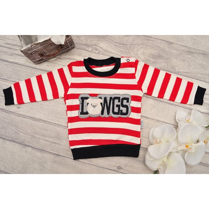 DRES niemowlęcy ze pieskiem, czerwono-biała bluza, spodnie, apaszka komplet 3cz.