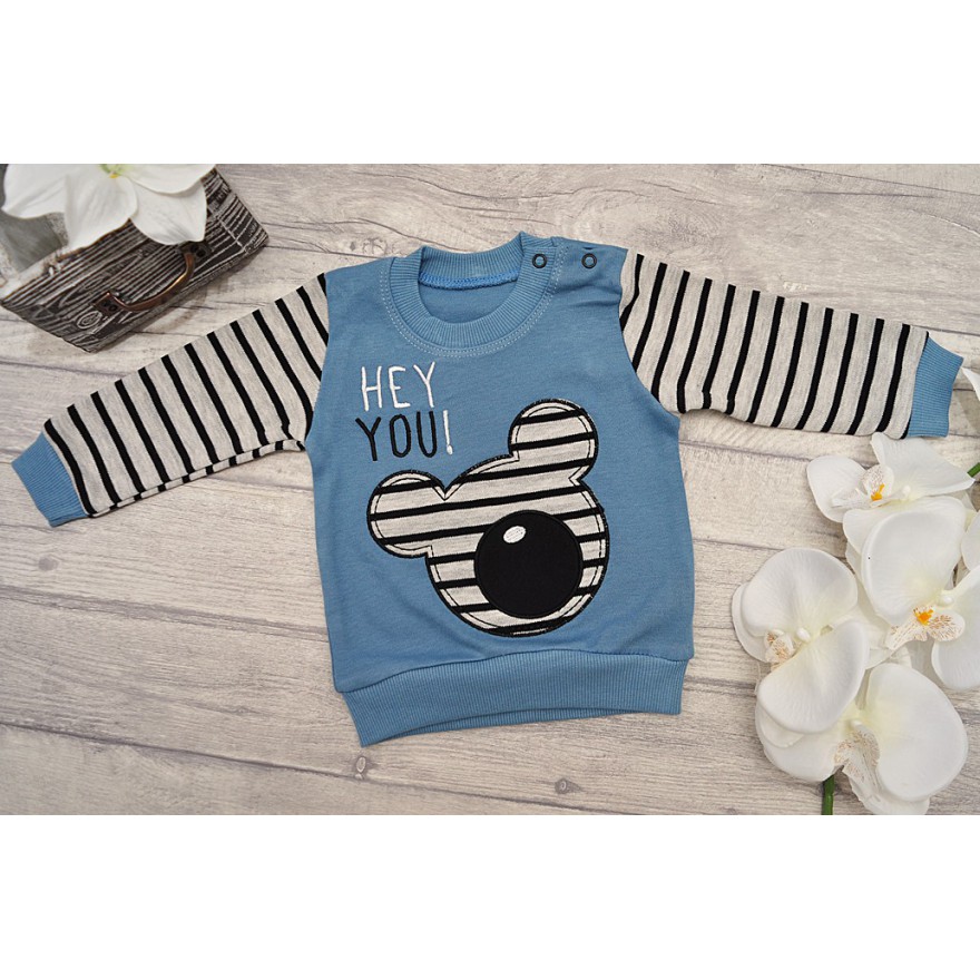 Niebiesko-szary DRES HEY YOU z misiem, bluza, spodnie, komplet