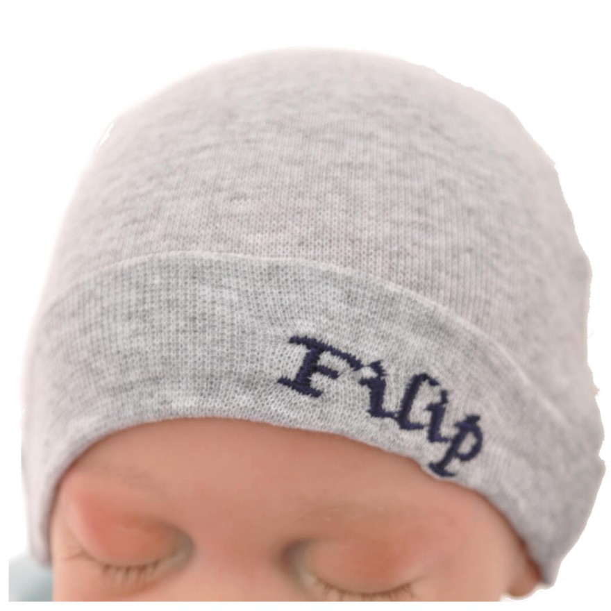 Szara CZAPECZKA dla noworodka SMERFETKA z imieniem Filip