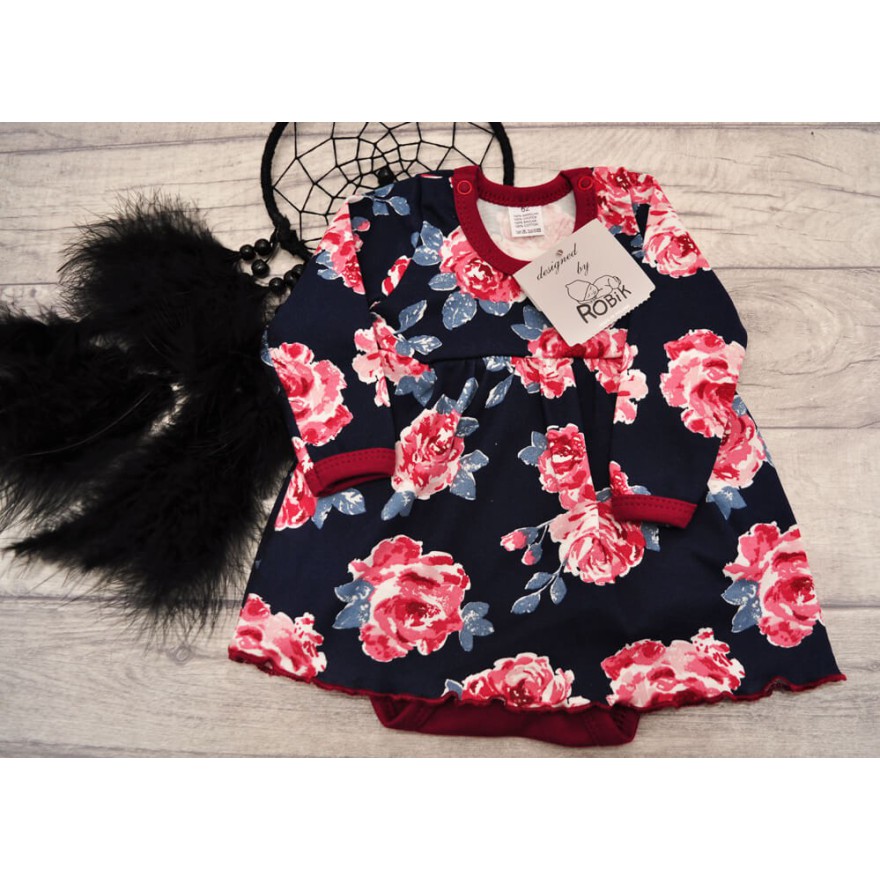 Bordowa BODY SUKIENKA w róże wzór 352Bor długi rękaw