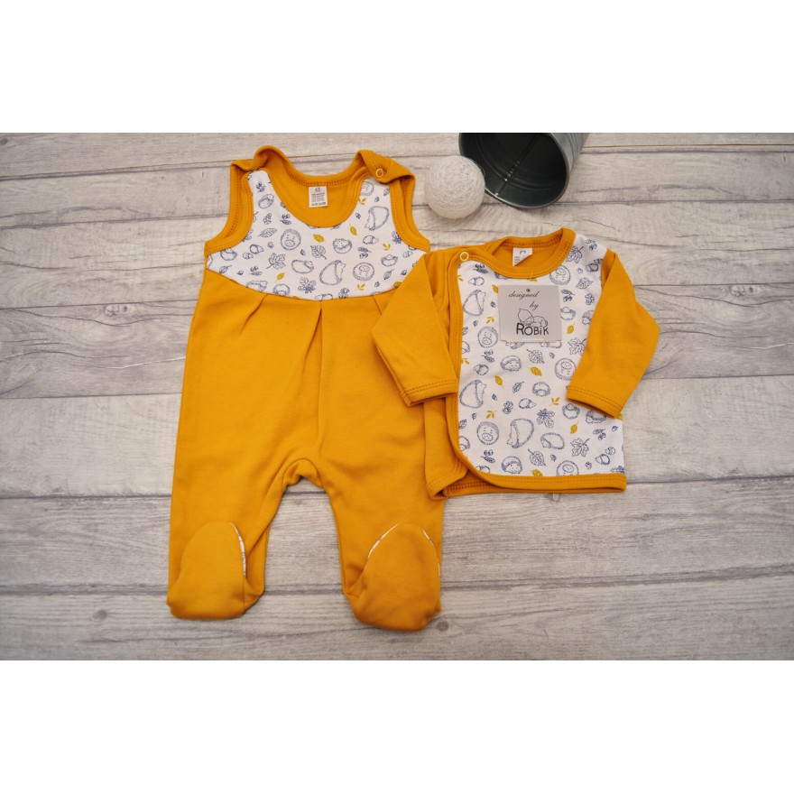Wyprawka dla noworodka koszulka śpiochy musztardowy w jeże wz. 221MU
