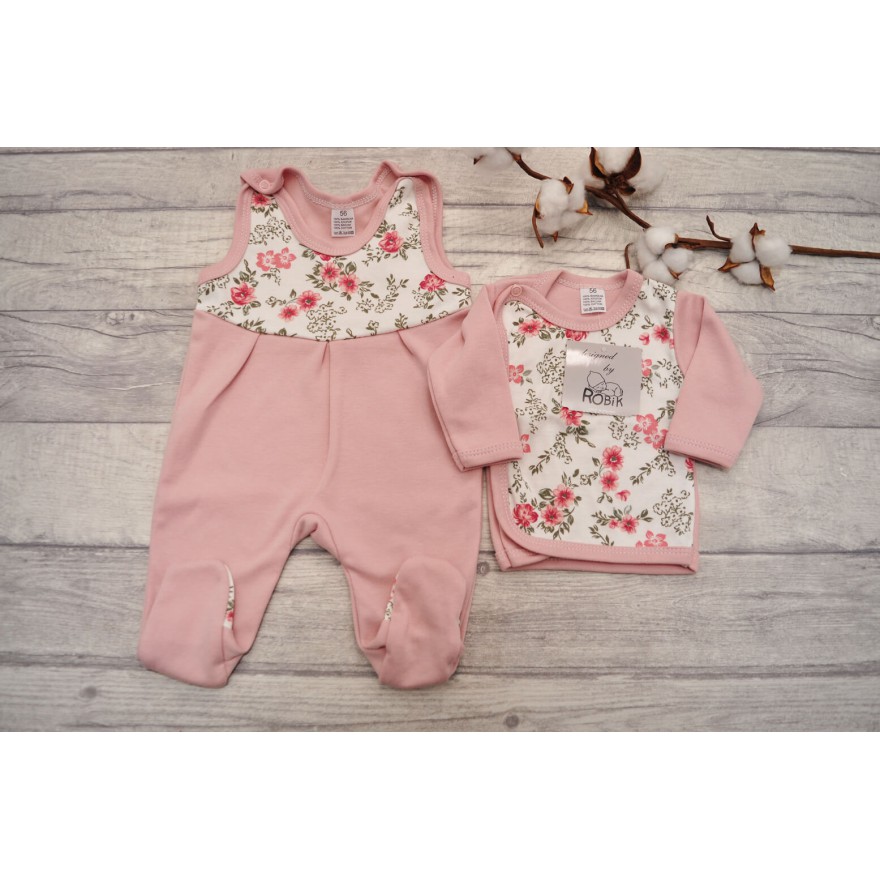Wyprawka dla noworodka koszulka śpiochy pudrowy róż KWIATY wz. 354R
