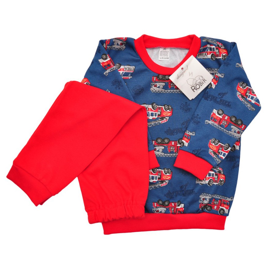 Czerwono-granatowa PIŻAMA w wozy strażackie piżamka długi rękaw wzór 372c