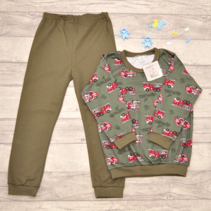 Zielona PIŻAMA w wozy strażackie długi rękaw wzór 372z