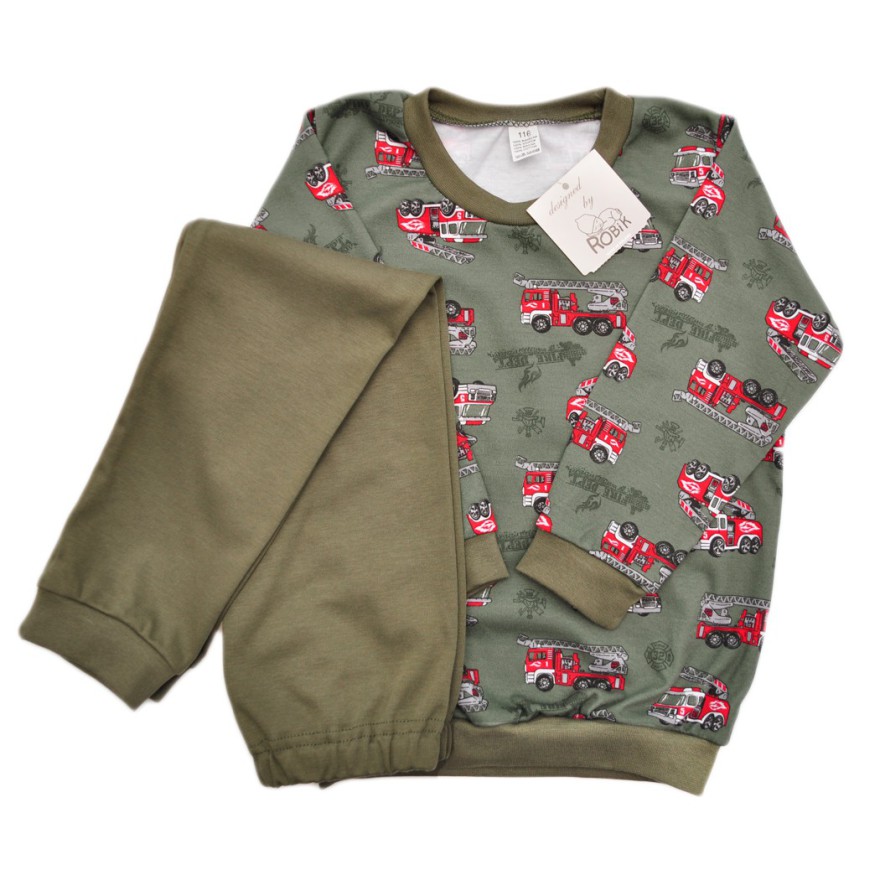 Zielona PIŻAMA w wozy strażackie długi rękaw wzór 372z