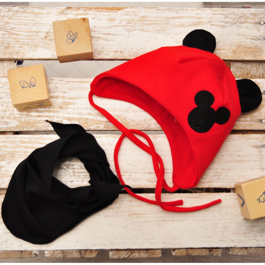 Czerwony komplet MIKI czapka + apaszka wiosna/jesień wyprzedaż