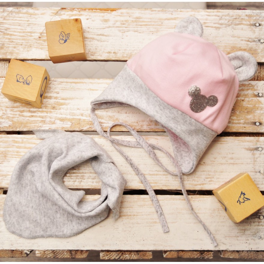 Różowo-szary komplet MOUSE czapka + apaszka wiosna/jesień wyprzedaż