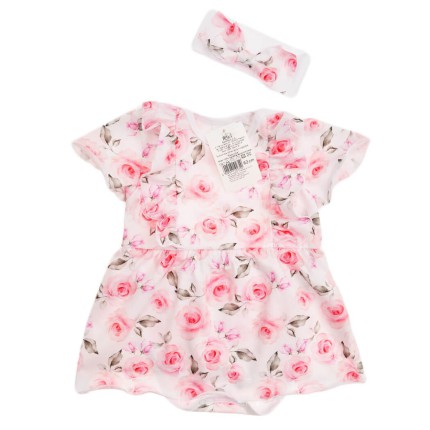 Biało-różowa BODY SUKIENKA z opaską, kokardą w róże