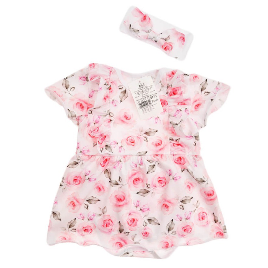 Biało-różowa BODY SUKIENKA z opaską, kokardą w róże