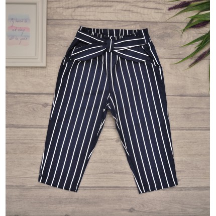 Granatowe SPODNIE bawełniane dziewczęce w paski z kokardą