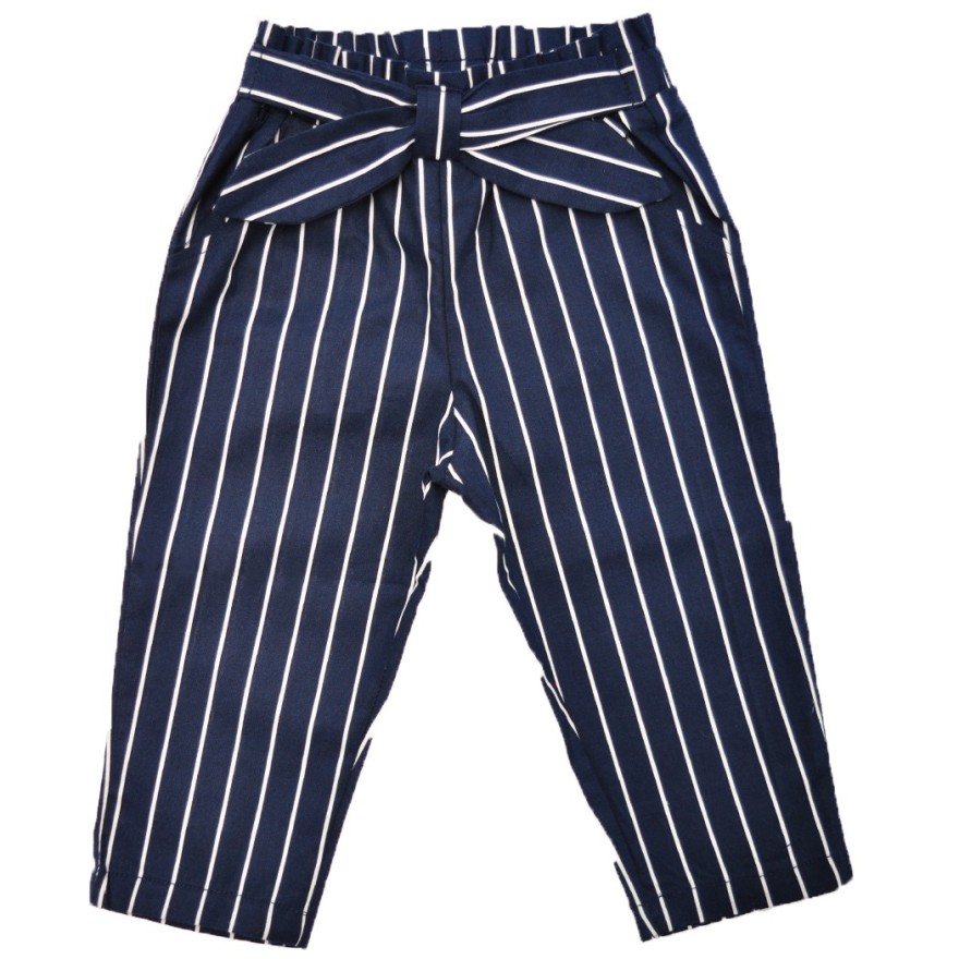 Granatowe SPODNIE bawełniane dziewczęce w paski z kokardą
