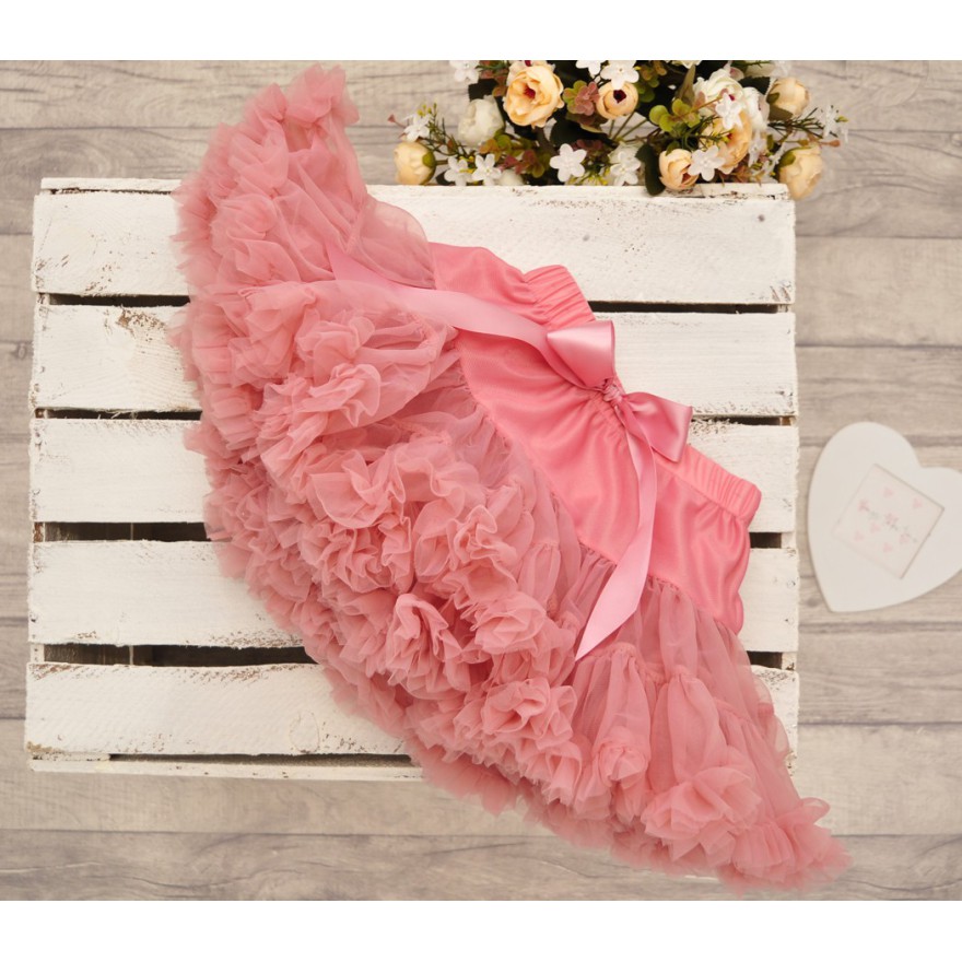 Puszysta SPÓDNICZKA tiulowa z falbankami, brudny róż
