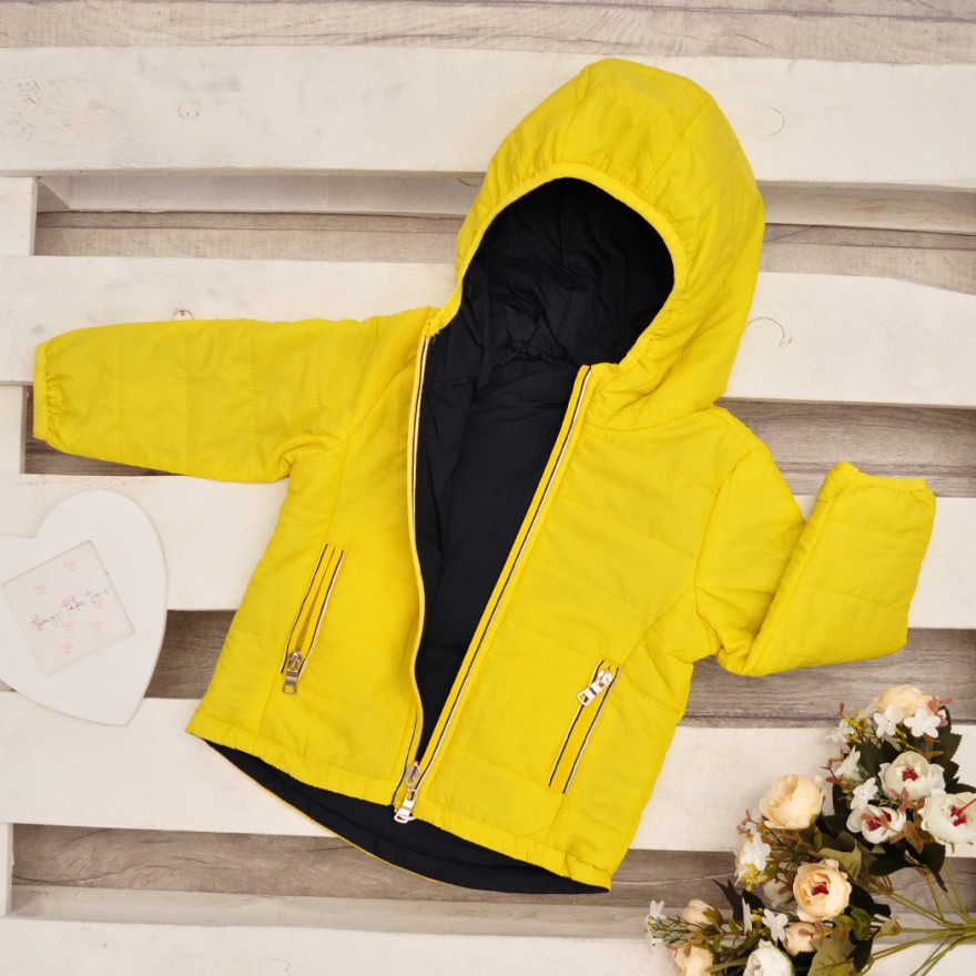 Kurtka dwustronna z kapturem wiosna jesień żółto- granatowa