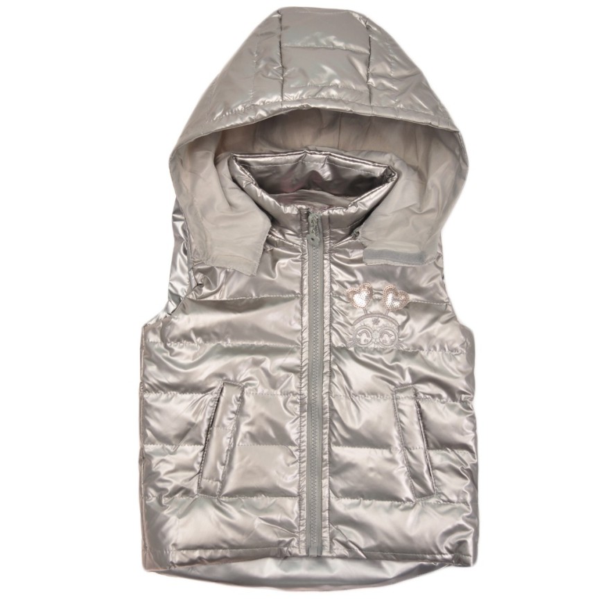 Dziewczęca KAMIZELKA szara metalika bezrękawnik z kapturem