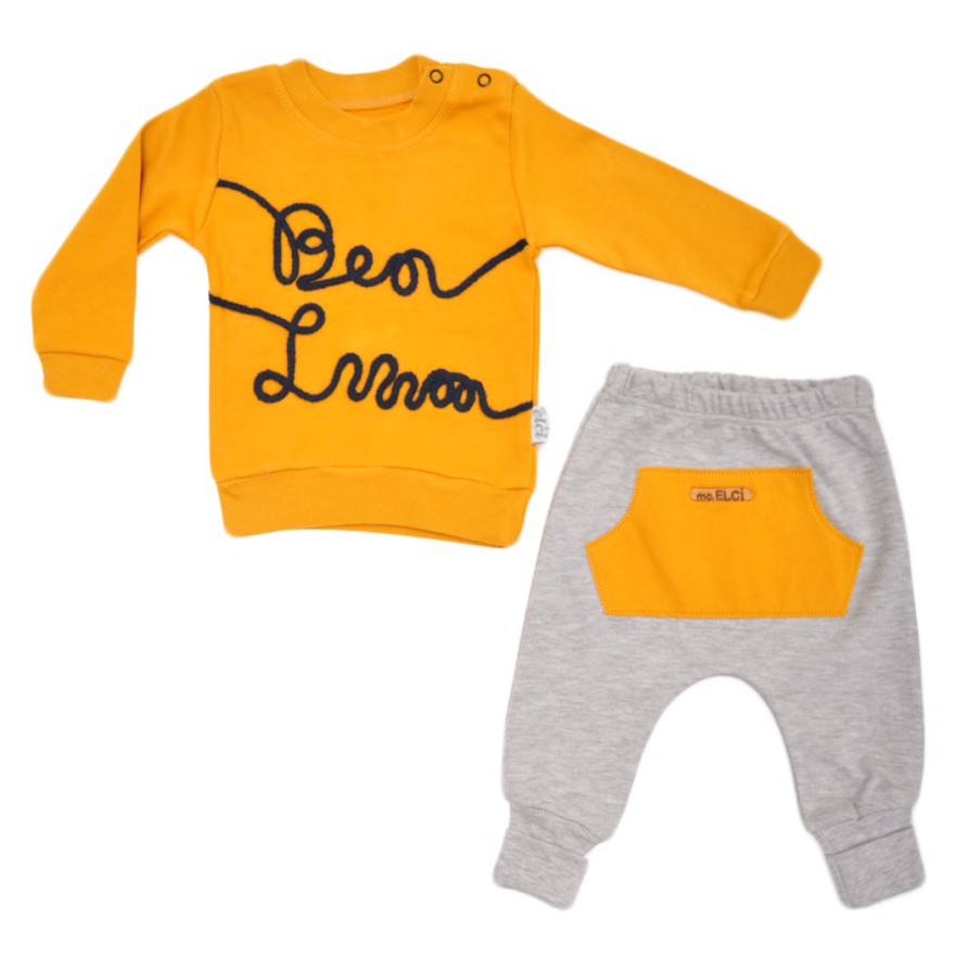 Musztardowo-szary DRES BEN z napisem, bluza, spodnie, komplet