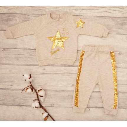 Beżowo-złoty DRES GWIAZDA z cekinami bluza, spodnie, komplet