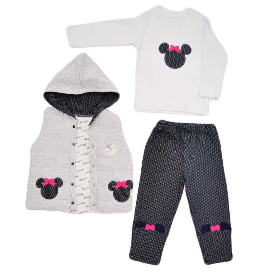 Komplet dziewczęcy Myszka, kamizelka z kapturem, bluzka, spodnie