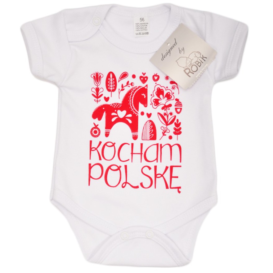 BODY białe KOCHAM POLSKĘ krótki rękaw, bodziaki patriotyczne likw.