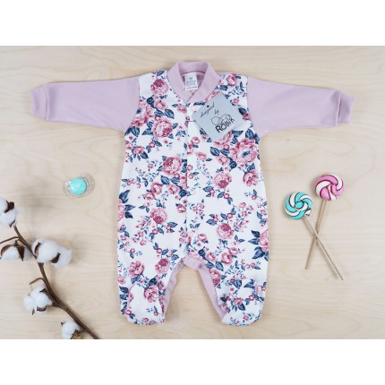 WCZEŚNIAK pajac pajacyk bawełniany róż w kwiaty ciemne liście r. 50 wzór 373r