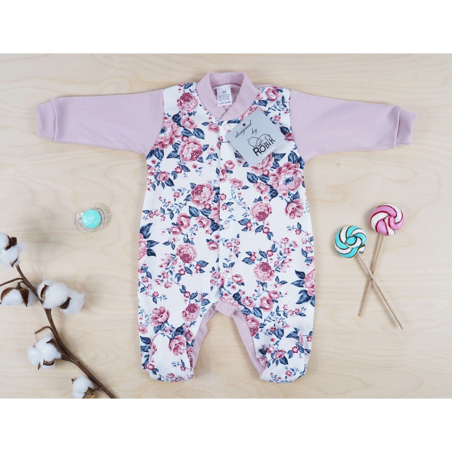 WCZEŚNIAK pajac pajacyk bawełniany róż w kwiaty ciemne liście r. 50 wzór 373r