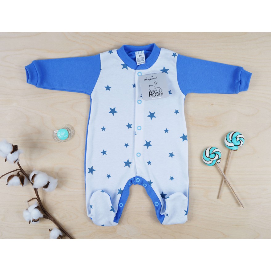 WCZEŚNIAK pajac pajacyk bawełniany niebieski w gwiazdki r. 50 wzór 259