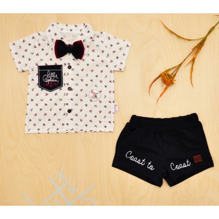 KOMPLET z muszką biało- granatowy LITTLE CAPITAN w żaglówki koszulka i spodnie