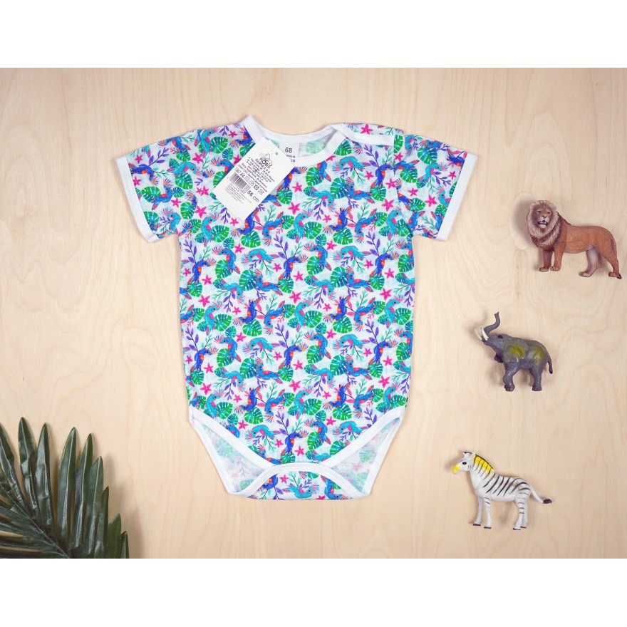 BODY kolorowe papugi i monstera liście krótki rękaw