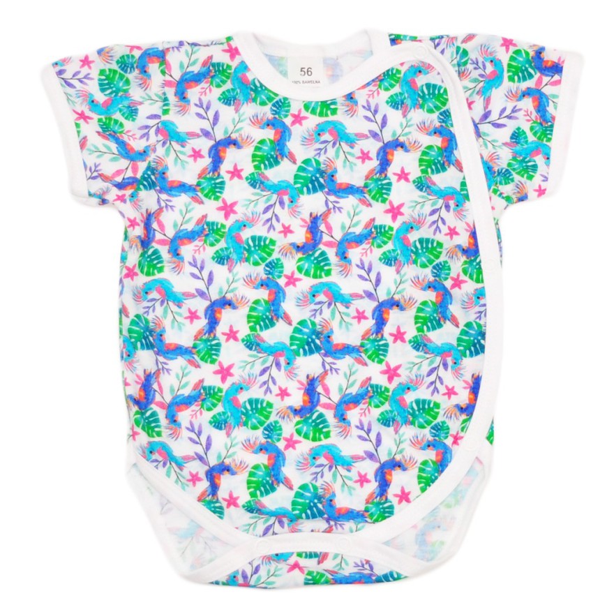 BODY kopertowe kolorowe papugi i monstera liście krótki rękaw