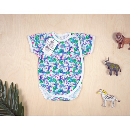 BODY kopertowe kolorowe papugi i monstera liście krótki rękaw