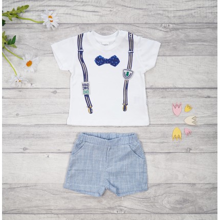 KOMPLET biało- niebieski HAND SOME koszulka z szelkami i muchą, spodenki