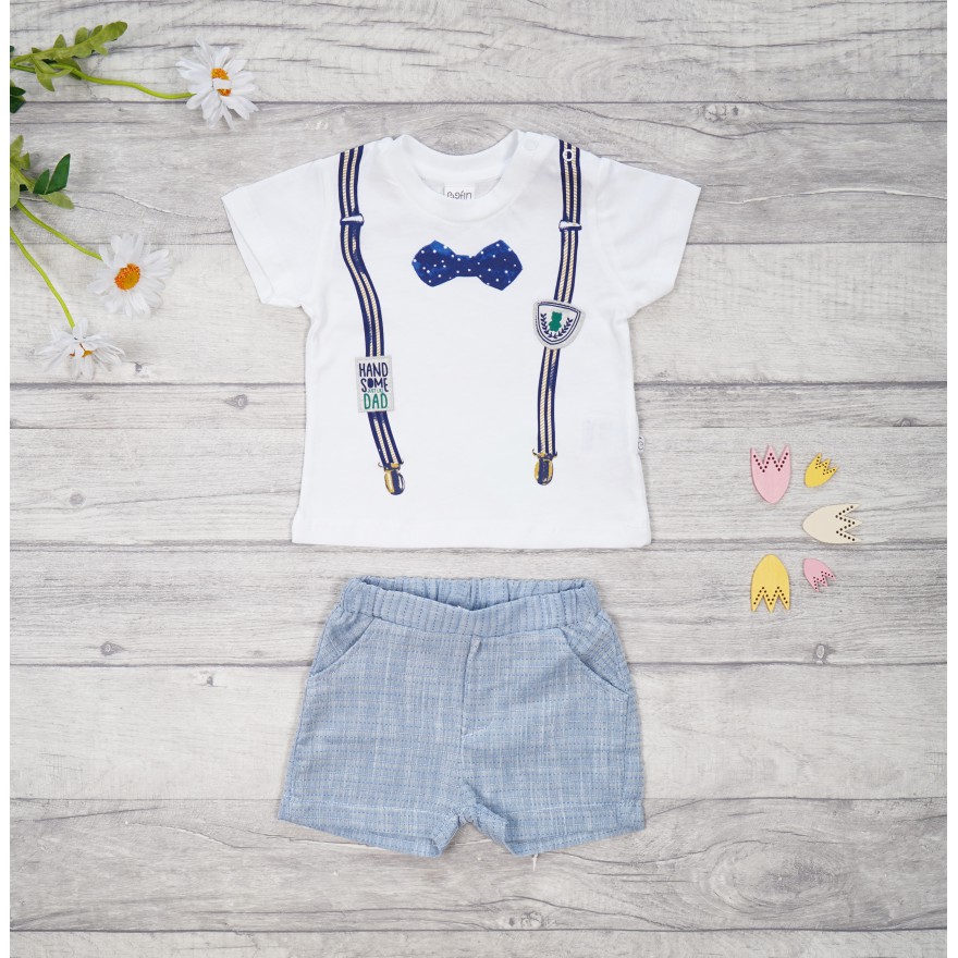 KOMPLET biało- niebieski HAND SOME koszulka z szelkami i muchą, spodenki