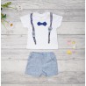 KOMPLET biało- niebieski HAND SOME koszulka z szelkami i muchą, spodenki