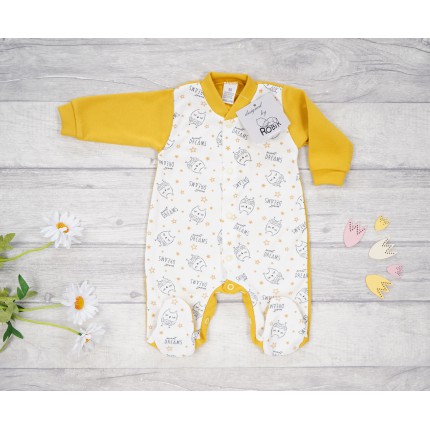 Pajac pajacyk bawełniany musztardowy w sowy r. 50 WCZEŚNIAK wzór 374mu