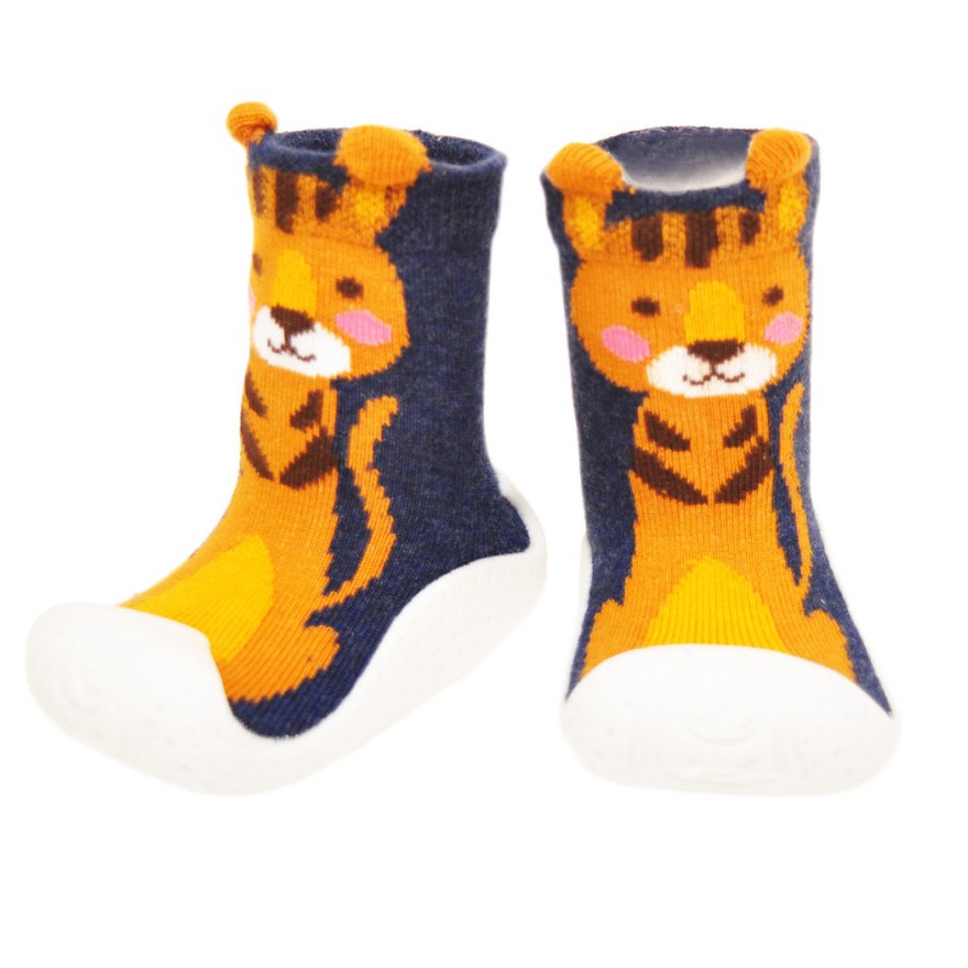 SKARPETY Z GUMOWĄ PODESZWĄ granatowe TRAMPKI z musztardowym tygrysem 3D