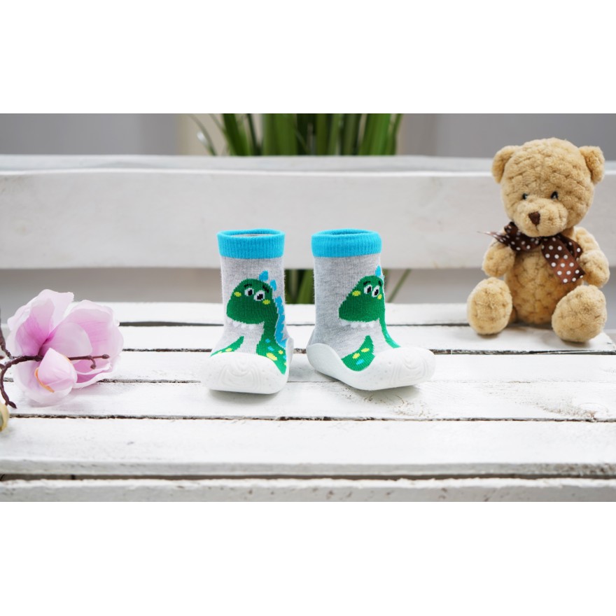 SKARPETY Z GUMOWĄ PODESZWĄ szare TRAMPKI z zielonym dinozurem 3D