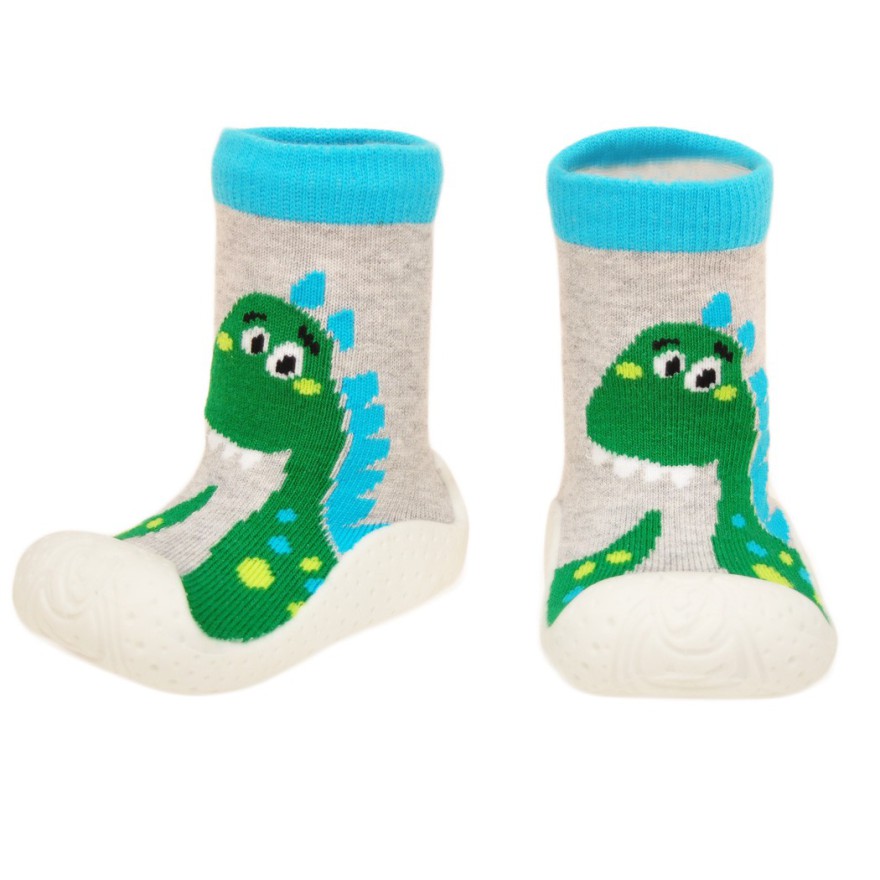SKARPETY Z GUMOWĄ PODESZWĄ szare TRAMPKI z zielonym dinozurem 3D
