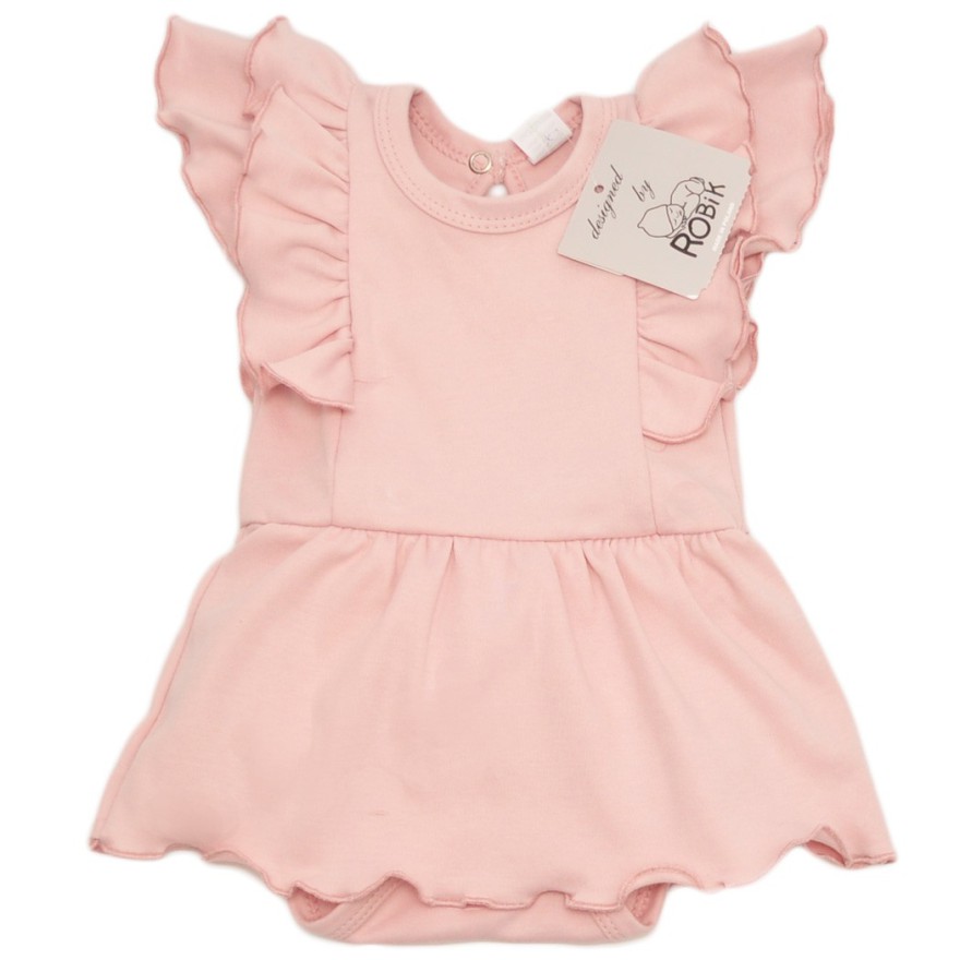 BODY SUKIENKA pudrowy róż gładka z ozdobnym krótkim rękawem