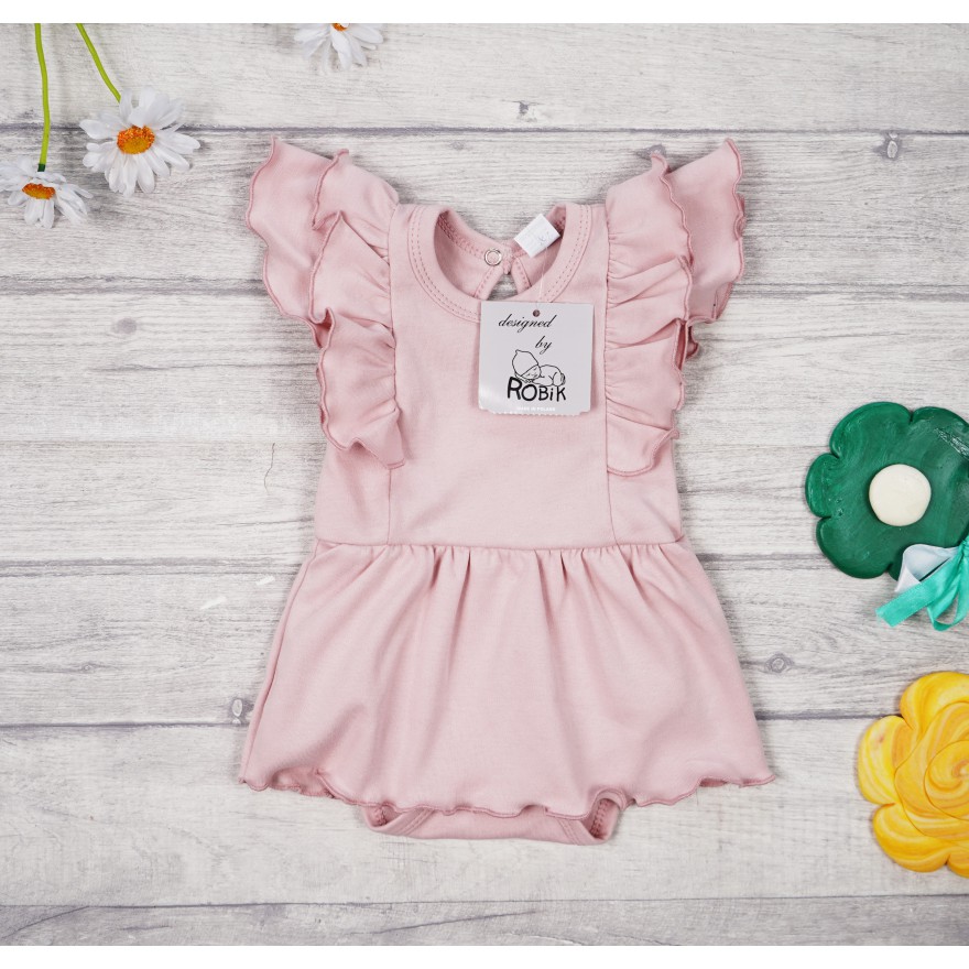 BODY SUKIENKA pudrowy róż gładka z ozdobnym krótkim rękawem