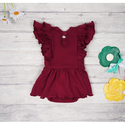BODY SUKIENKA bordowa gładka z ozdobnym krótkim rękawem