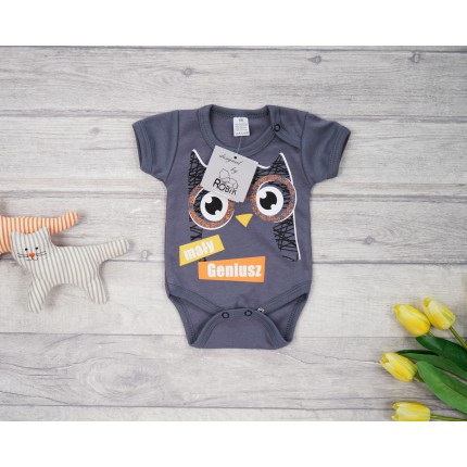 BODY MAŁY GENIUSZ sowa grafitowe wzór 650 krótki rękaw