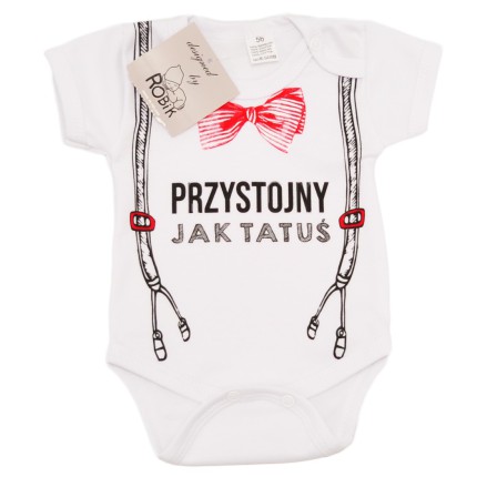 BODY PRZYSTOJNY JAK TATUŚ szelki mucha białe wzór 665 krótki rękaw