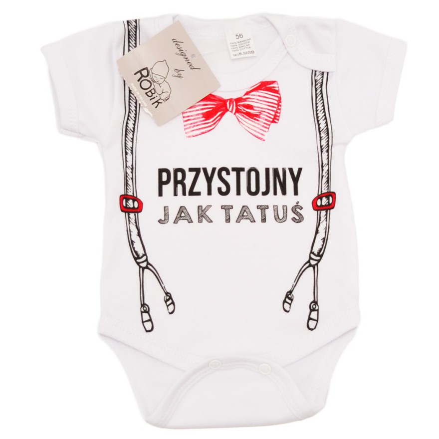 BODY PRZYSTOJNY JAK TATUŚ szelki mucha białe wzór 665 krótki rękaw