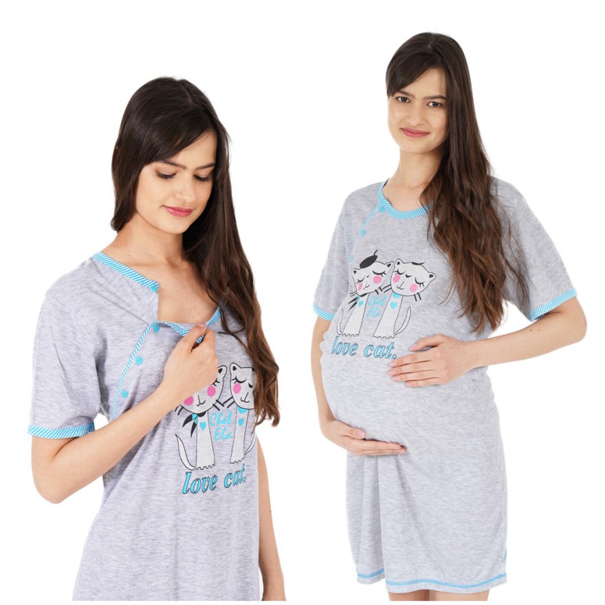 Szara KOSZULA NOCNA CIĄŻOWA I DO KARMIENIA DWA KOTY TURKUS paski