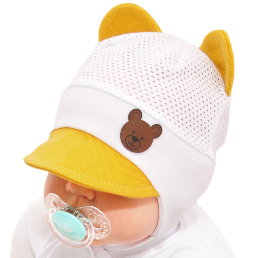Biało- musztardowa CZAPKA Miś Janek PRZECIW POCENIU GŁOWY lato