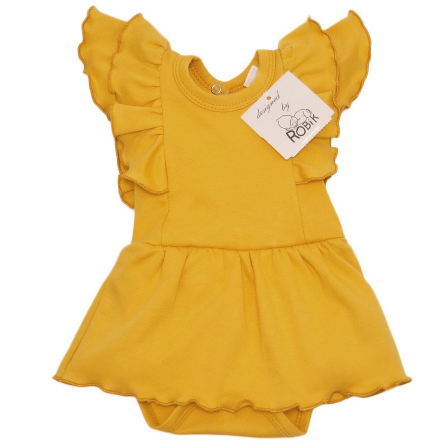 BODY SUKIENKA musztardowa gładka z ozdobnym krótkim rękawem