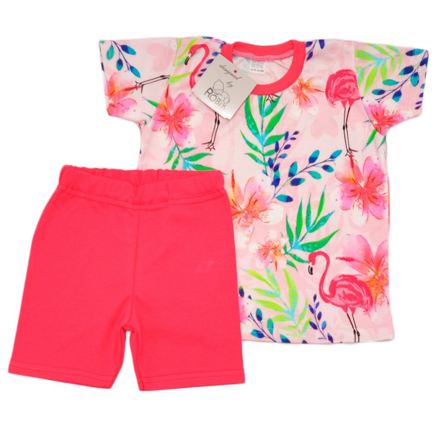 PIŻAMA letnia malinowa KOLOROWE KWIATY FLAMINGI 684 krótki rękaw