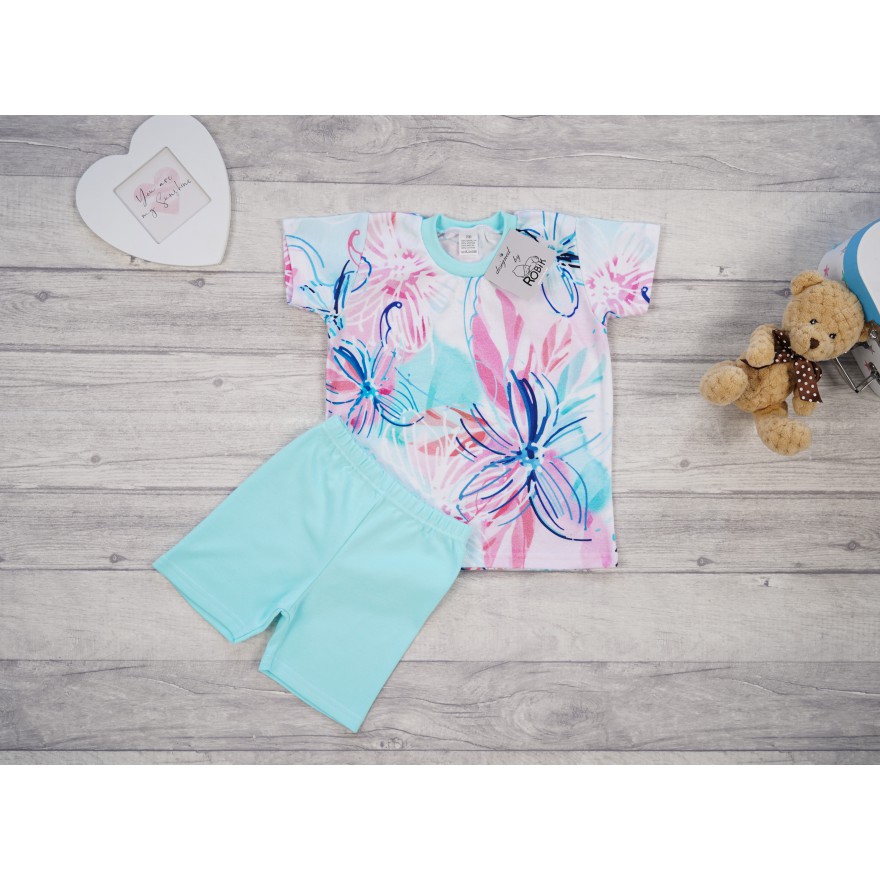 PIŻAMA letnia miętowa KOLOROWE KWIATY 685 krótki rękaw