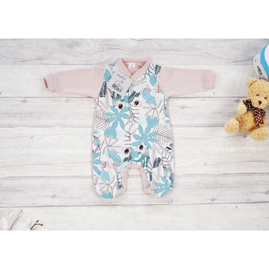 Pajac pajacyk bawełniany pudrowy róż w misie koala liście wzór 377r WCZEŚNIAK