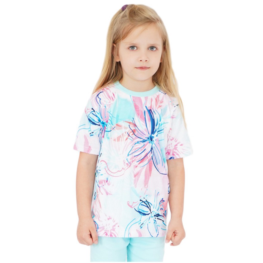 PIŻAMA letnia miętowa KOLOROWE KWIATY 685 krótki rękaw